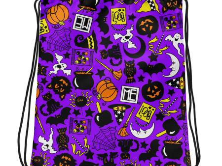 Purple Halloween Icons Drawstring Bag Discount